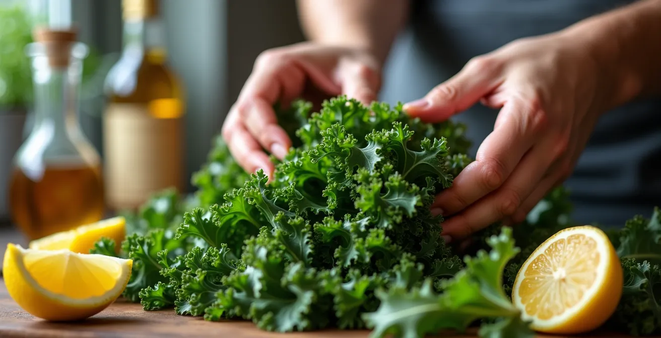 Fresh kale leaves being prepared with lemon and other acidic ingredients on cutting board