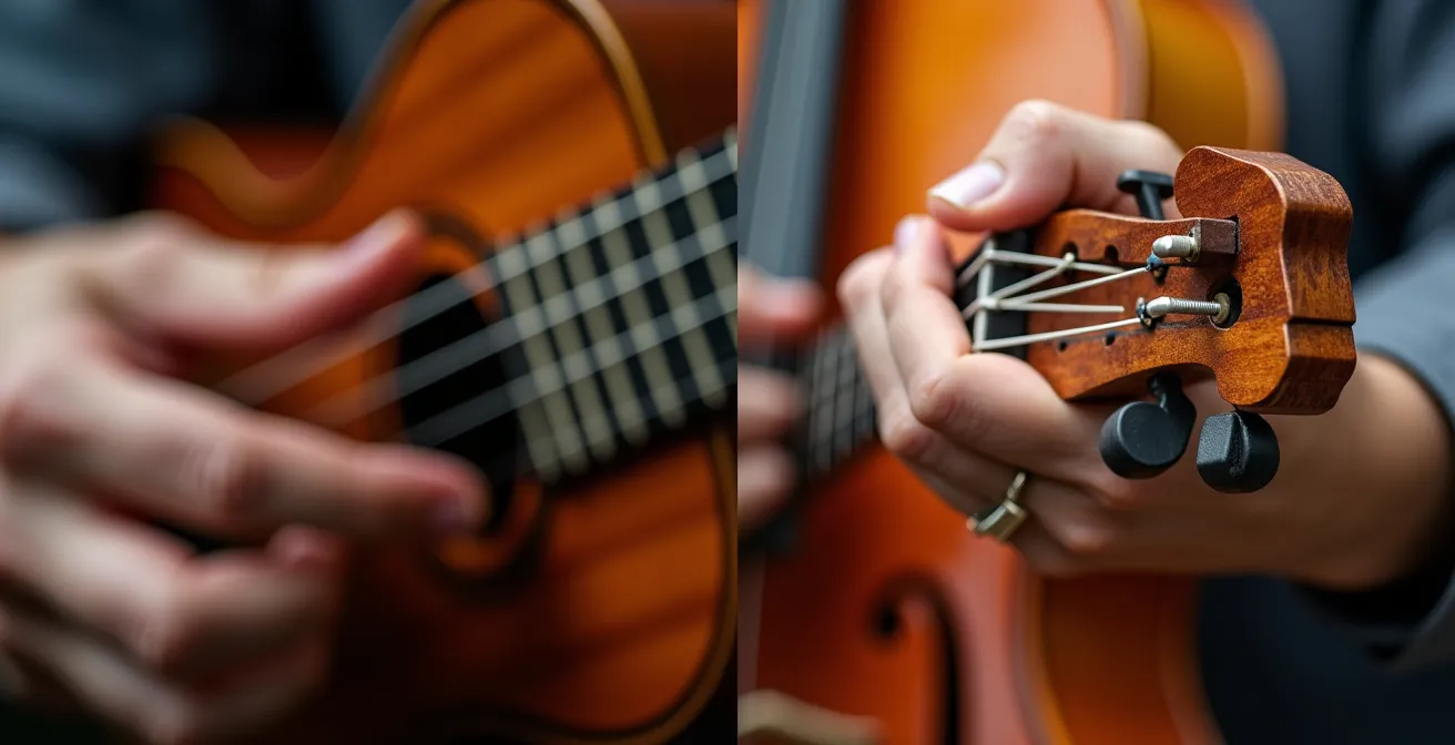 Close-up comparison of hands positioned on ukulele and violin, showing the different physical engagement required