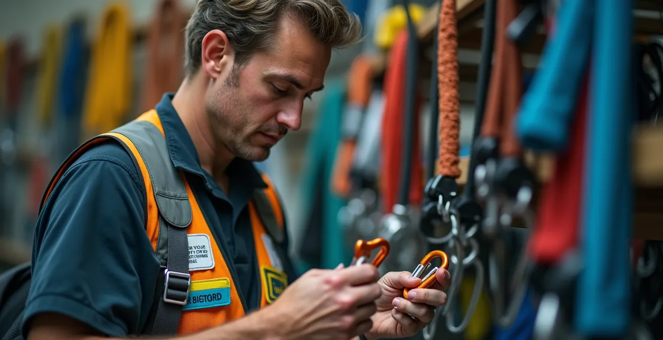 Professional guide inspecting climbing equipment with certification documents visible on clipboard