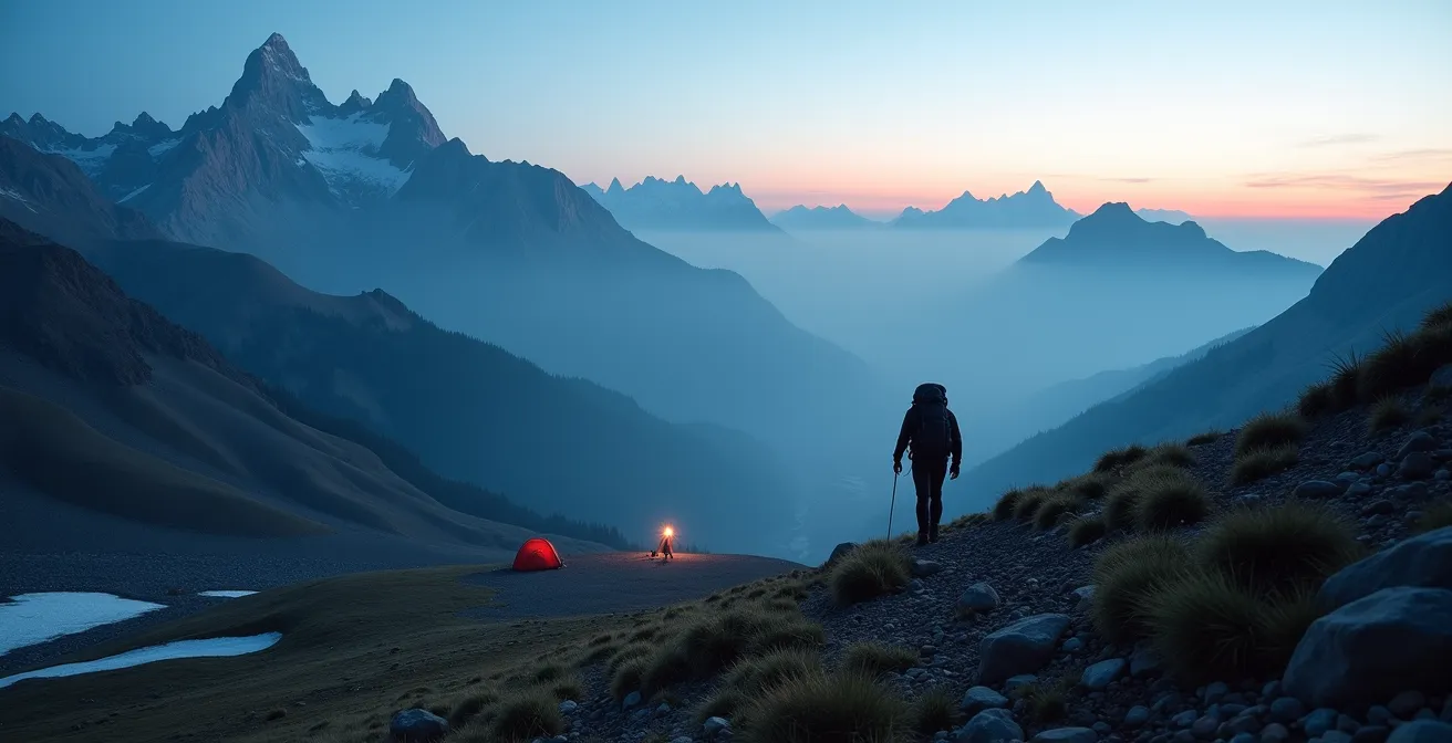 Alpine base camp at sunset showing climb high sleep low principle