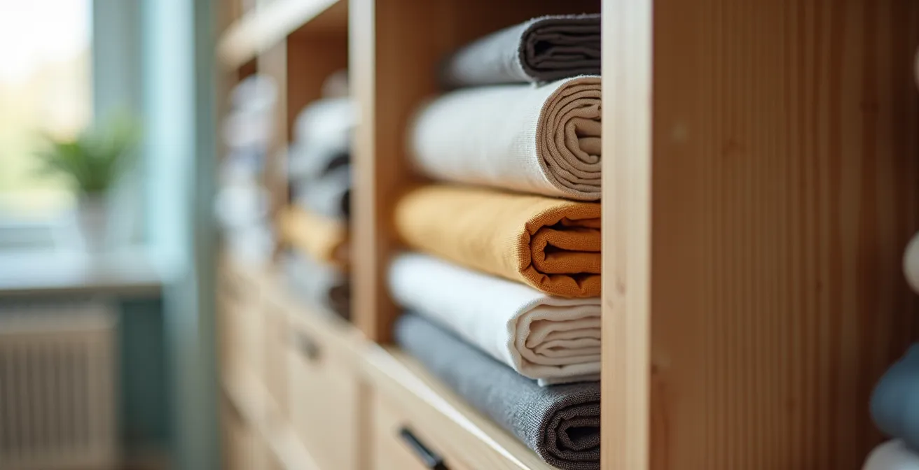 Vertical canvas storage system in small apartment closet