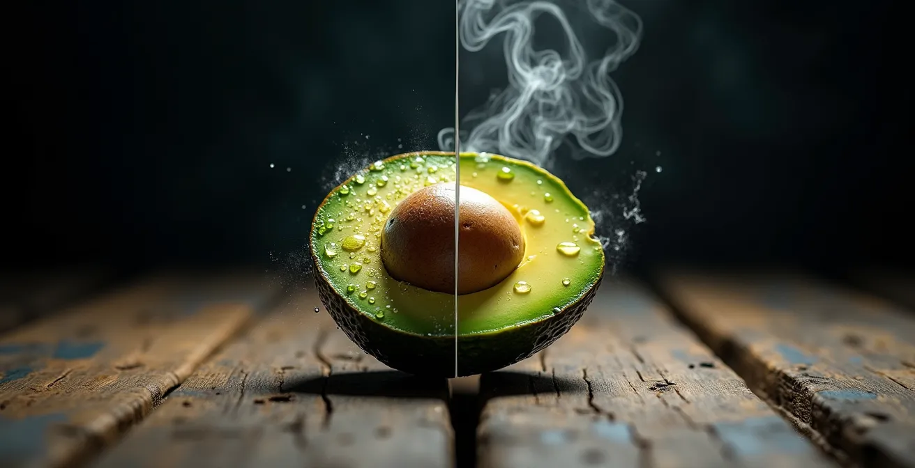 Split composition showing water usage and transport emissions for avocado production