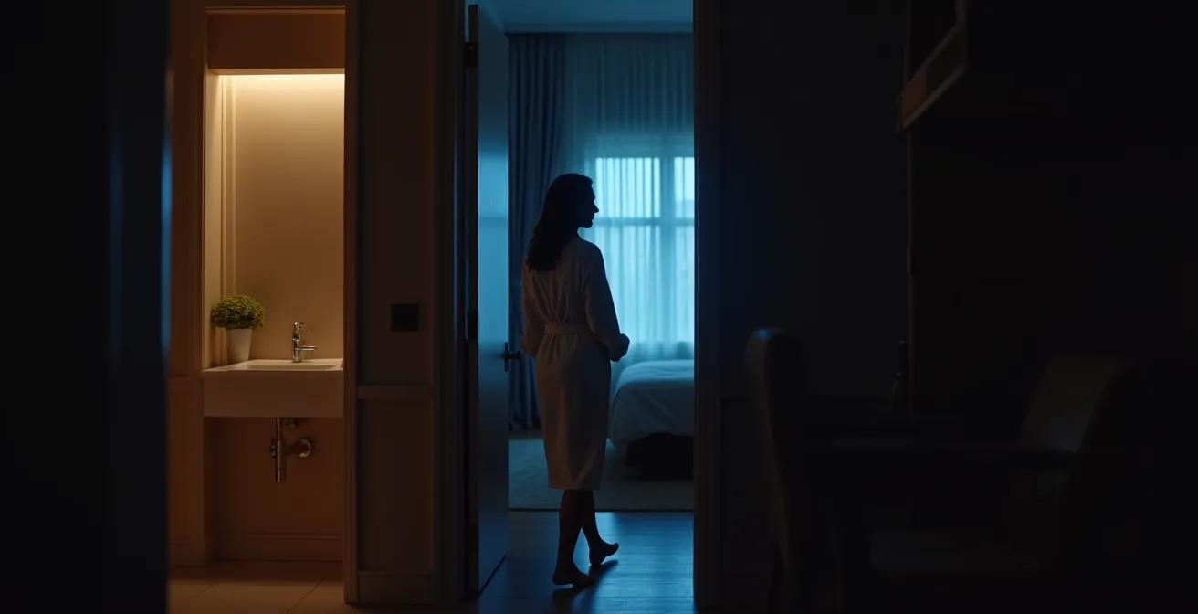 Serene bedroom view from bathroom doorway showing coordinated spa-sleep environment