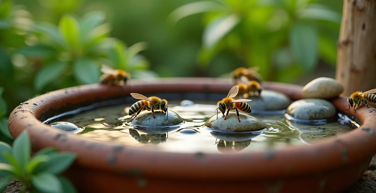 Shallow water basin with marbles as landing pads for pollinators