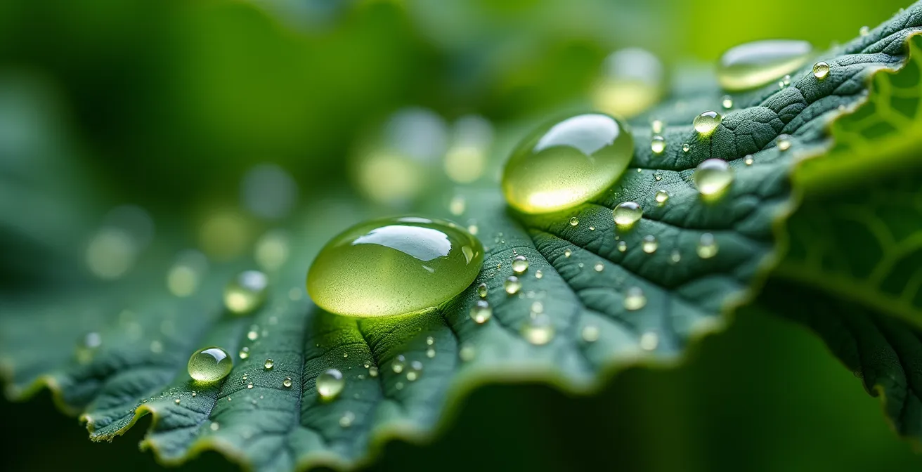 Macro photography of kale leaves with lemon juice droplets showing texture transformation