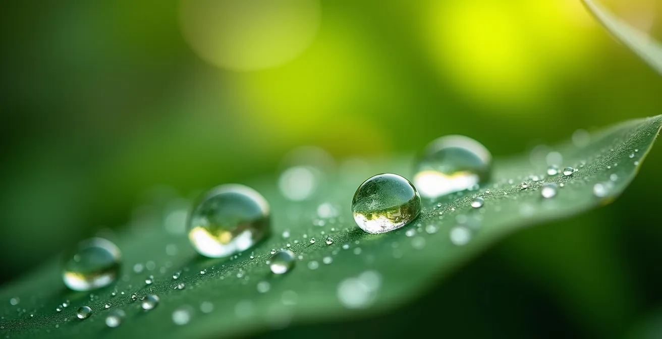 Extreme close-up of water droplets on leaf surface showing natural breathing rhythm