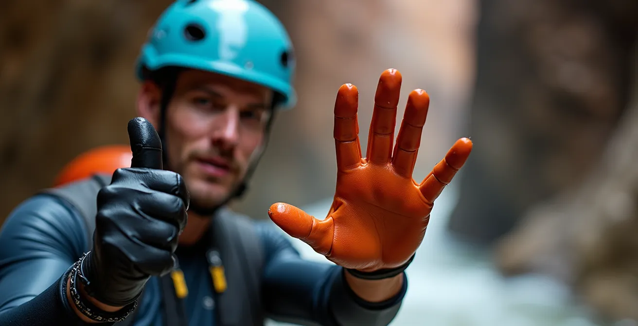 Canyoner demonstrating universal hand signals against canyon wall background