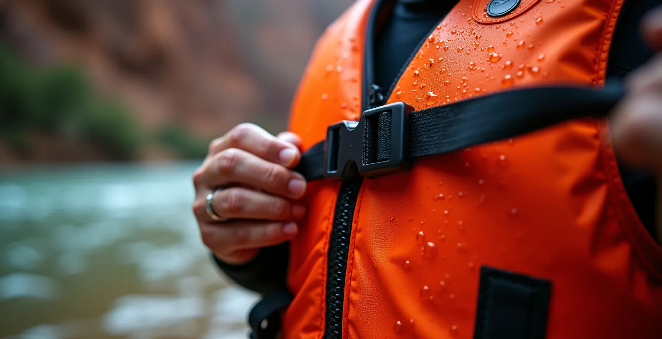 Canyoning guide demonstrating proper PFD fitting technique in shallow canyon pool