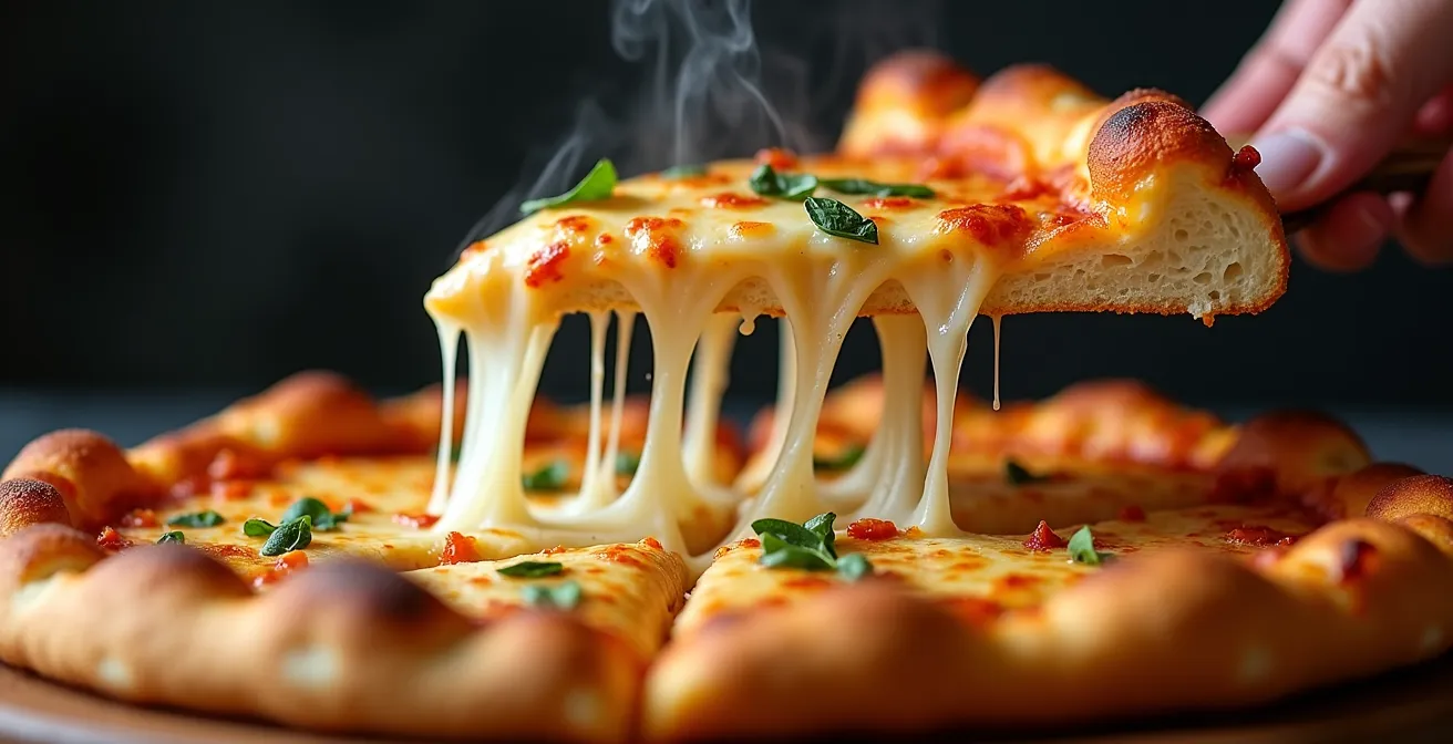 Close-up of golden cauliflower pizza crust with crispy edges and melted cheese