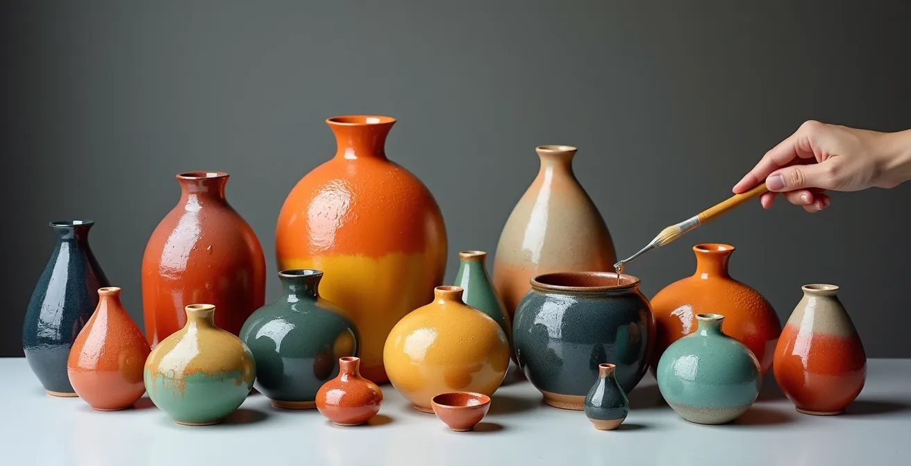 Ceramic pieces showing various glaze effects from muddy to vibrant colors