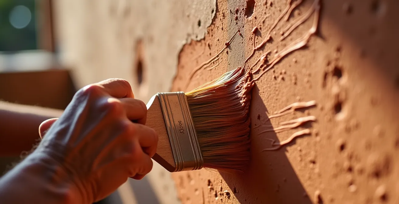 Close-up of hands applying clay paint with brush showing texture technique