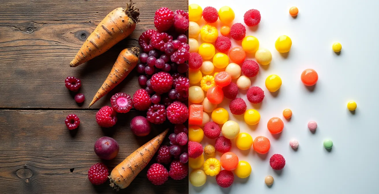Split composition showing naturally colored fruits on left versus artificially colored candies on right