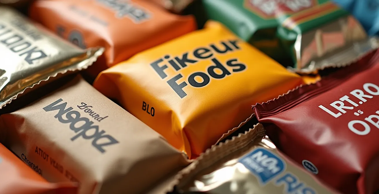 Close-up of food packaging labels with blurred text showing marketing claims