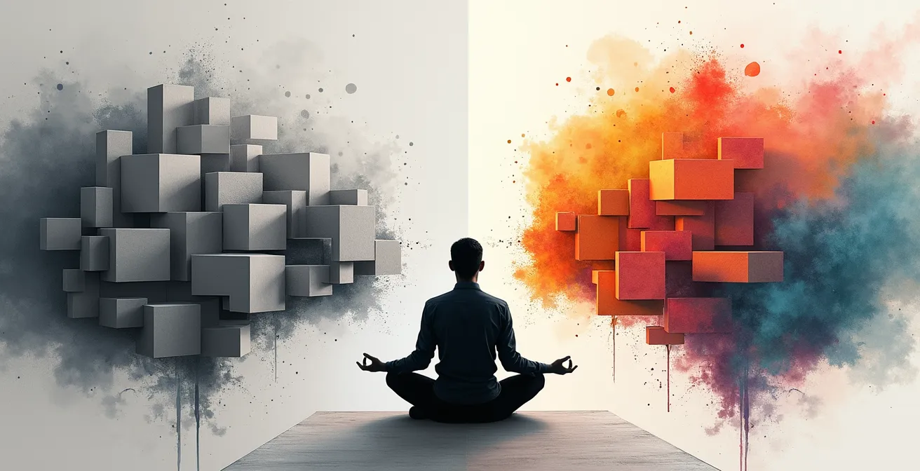 Abstract representation of a brain shifting from a rigid, geometric state to a fluid, creative one.