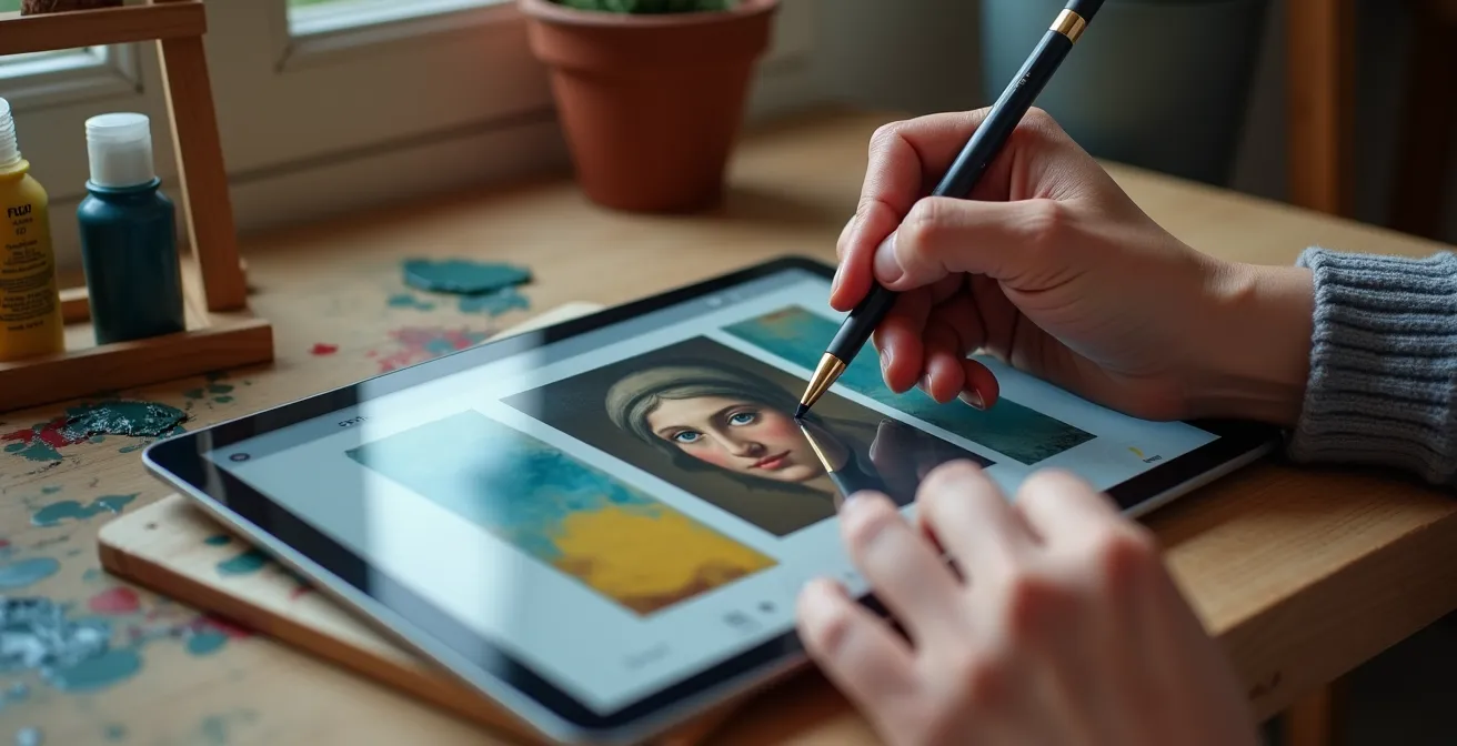 Artist using digital tablet for master studies in compact workspace