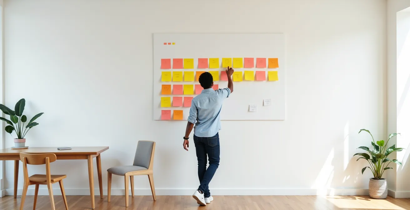 Wide shot of entrepreneur working with sticky notes on a large canvas framework on wall