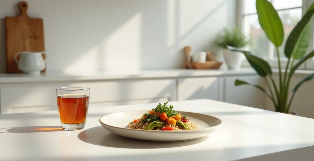 Minimalist kitchen counter with small portions of colorful vegetables, quinoa, and herbs arranged on white plate, soft evening light creating peaceful atmosphere