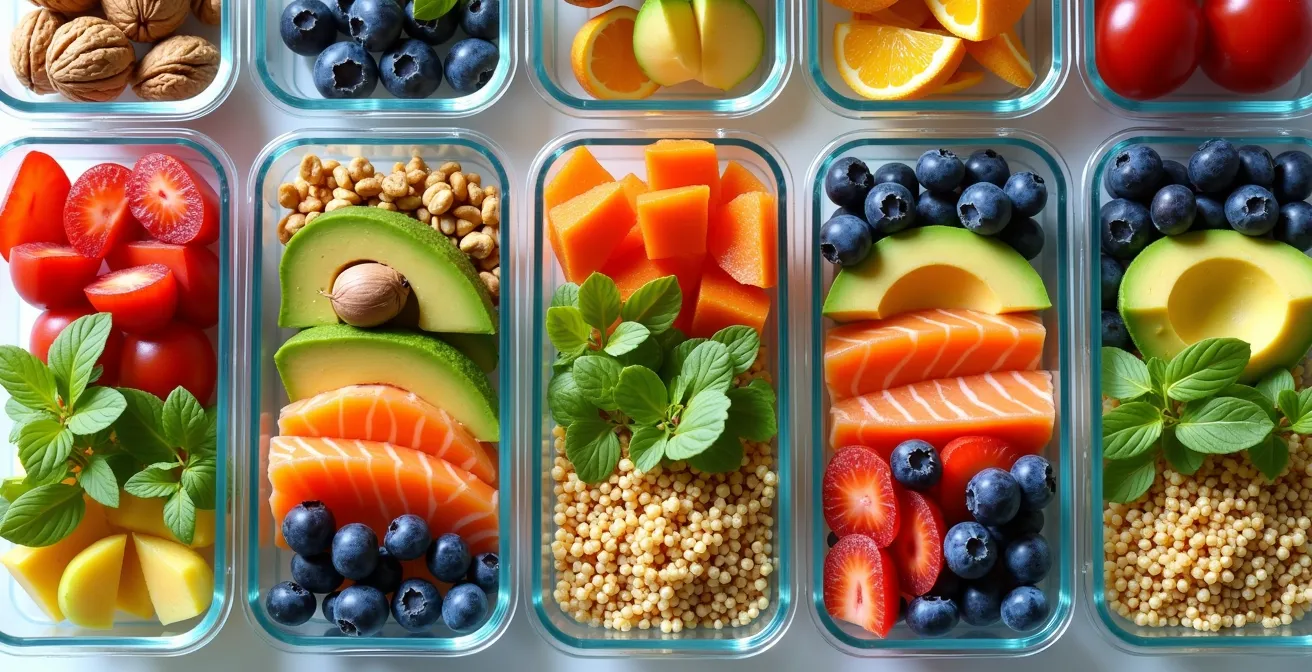 Aerial view of colorful meal preparation containers with brain-boosting foods for corporate performance