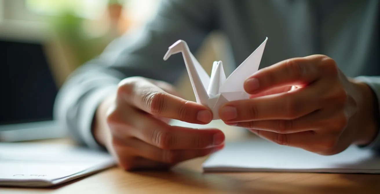 A pair of hands holding a delicate origami crane made from paper, symbolizing the art of crafting a simple, impactful executive summary.