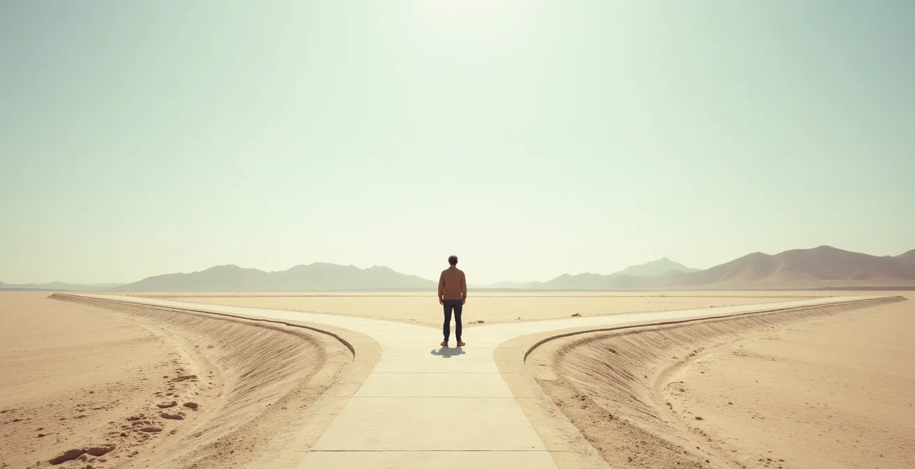 A figure standing at a fork in the road in a vast desert, representing the choice between different startup exit strategies like IPO or acquisition.