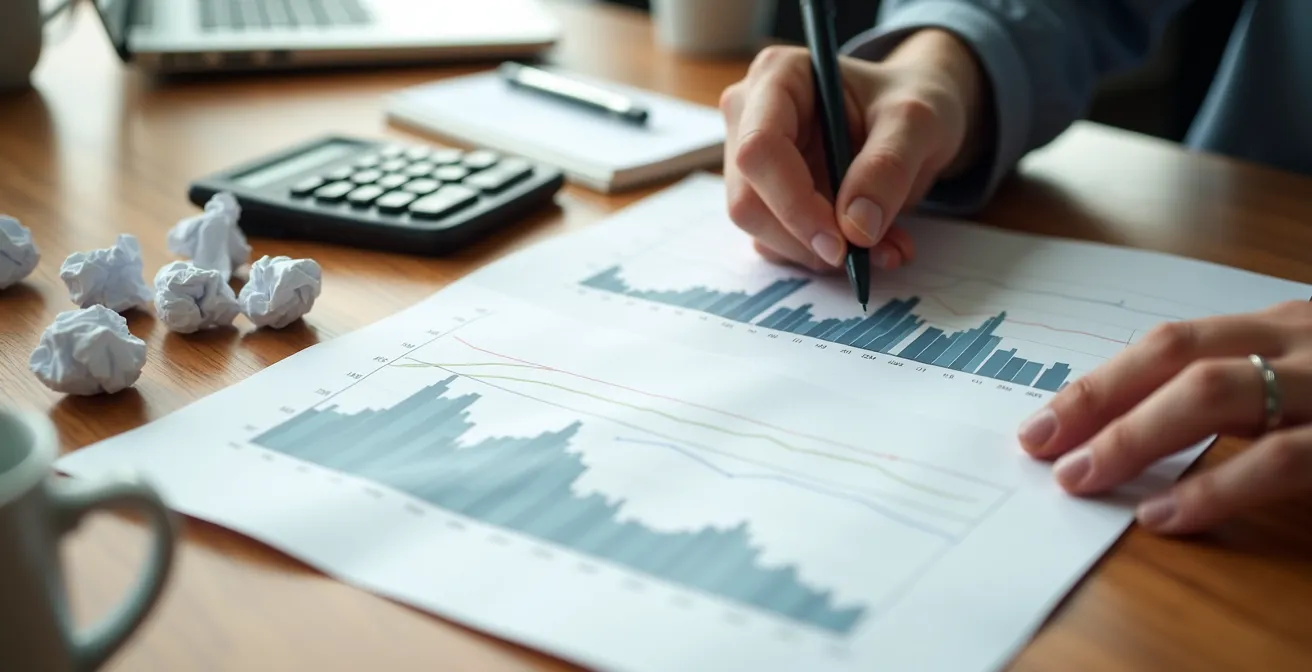 Close-up of hands analyzing financial charts on a desk with calculator and coffee
