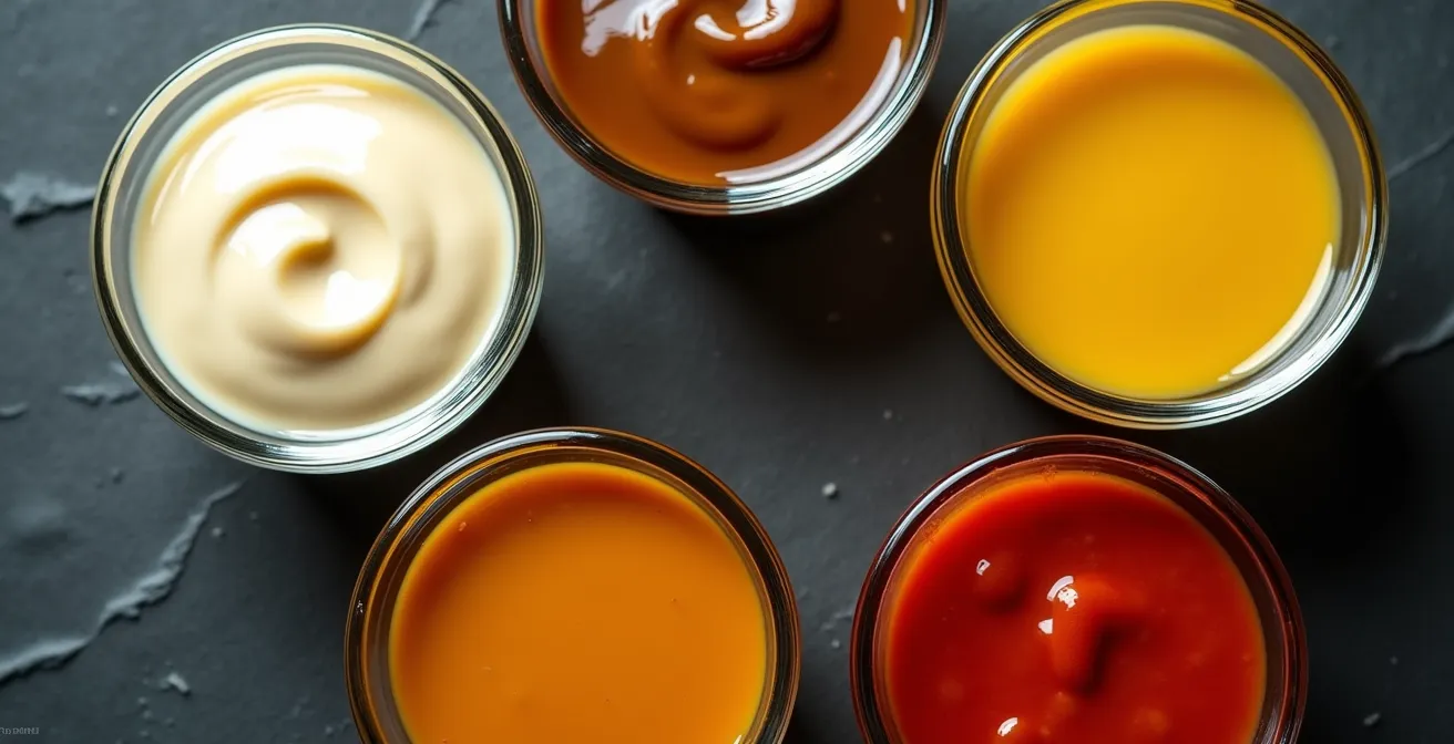 Five glass bowls containing different colored mother sauces arranged artistically