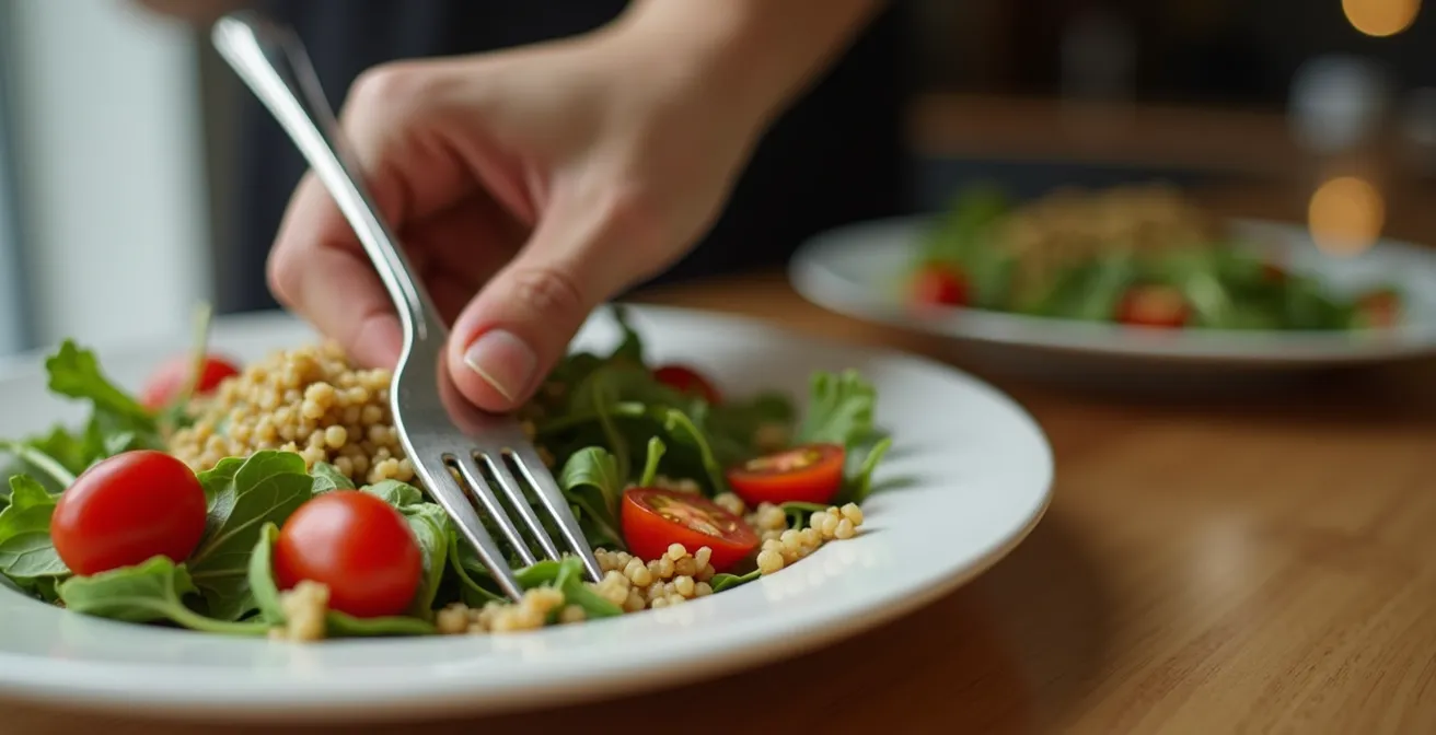 Close-up of hand gently placing silver fork on wooden table beside colorful salad plate, creating intentional pause between bites