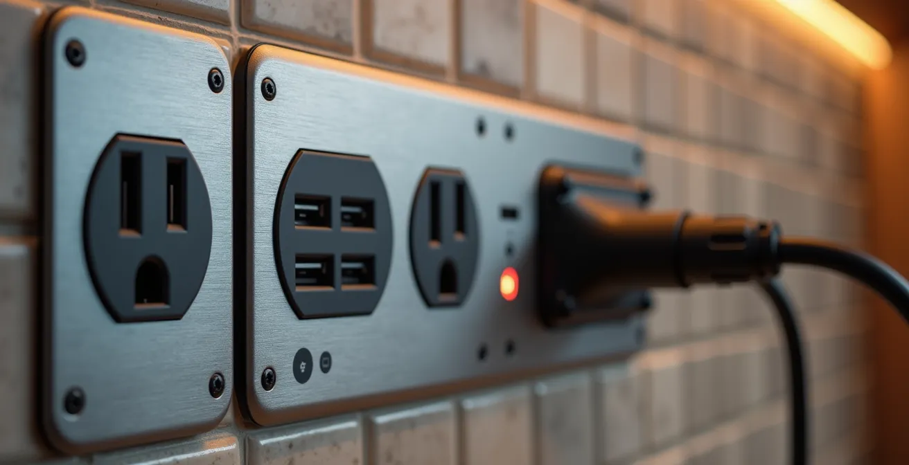Close-up detail of modular electrical outlet system built into kitchen backsplash