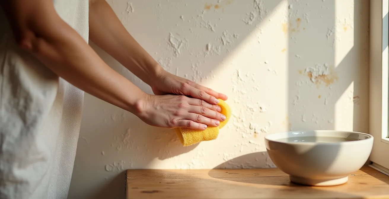 Person gently cleaning a lime wash wall with natural sponge and water