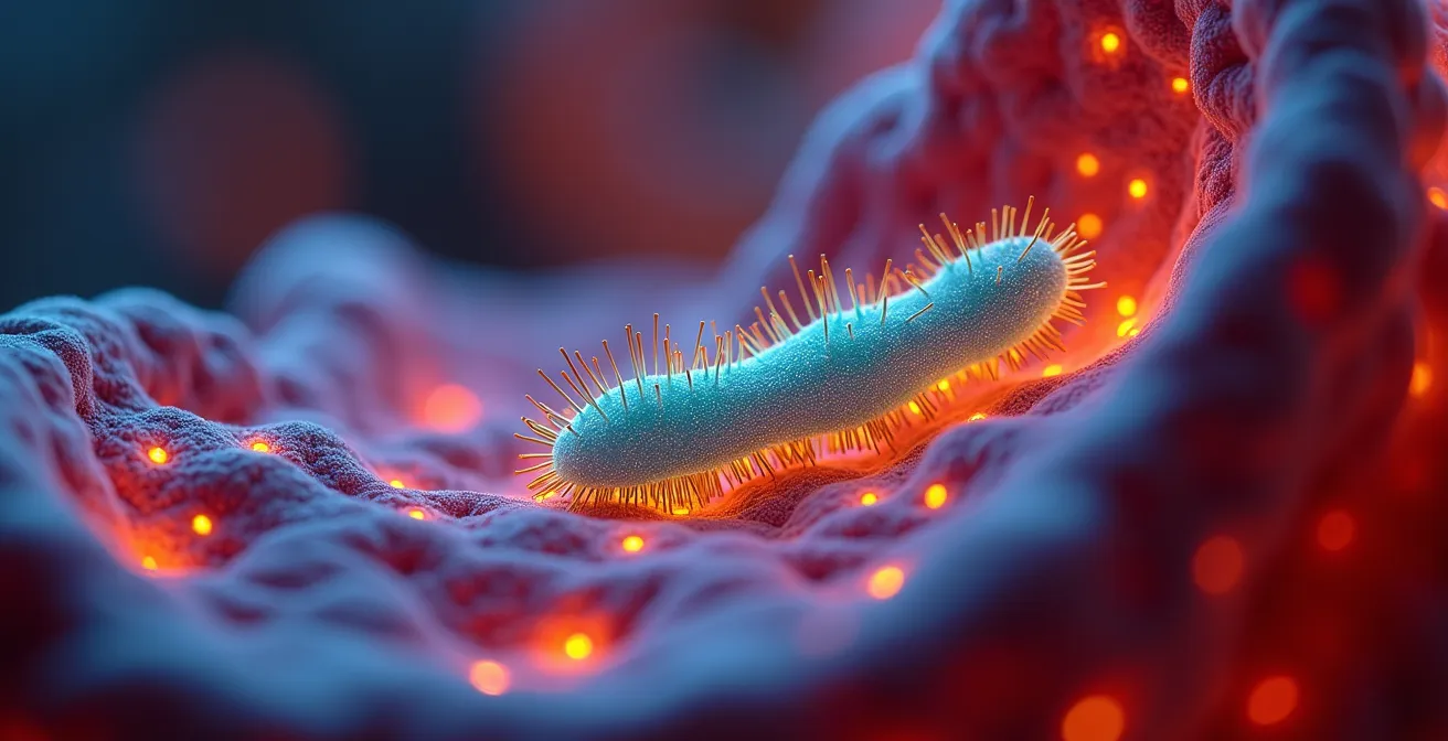 Cross-section view of digestive system connected to brain through glowing neural pathways