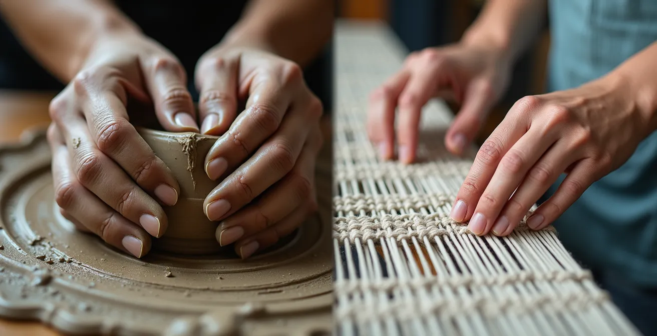 Split composition showing clay work on left and textile weaving on right, emphasizing different sensory experiences