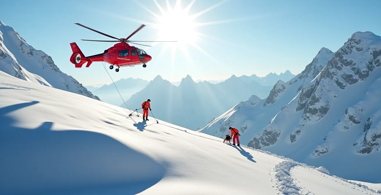 Rescue helicopter hovering over alpine terrain during emergency evacuation operation