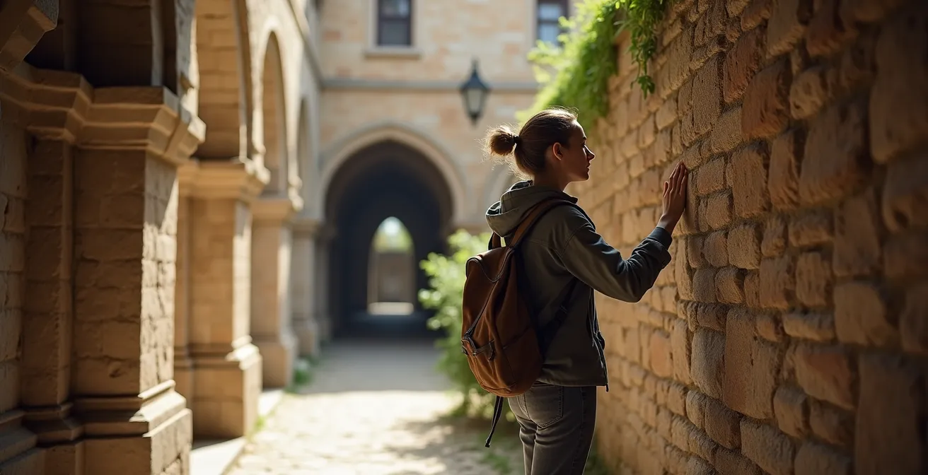 Quiet historic monastery courtyard with one visitor exploring