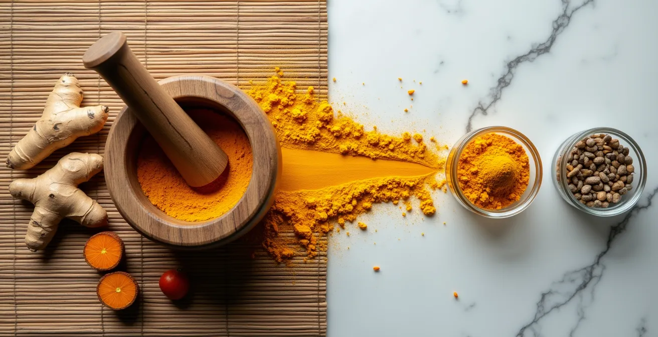 Symbolic arrangement of Eastern spices and Western supplements showing complementary approaches