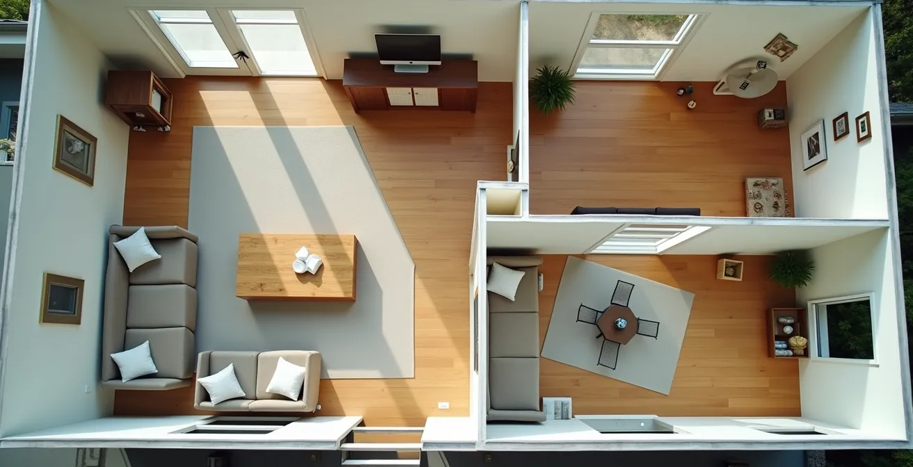 Aerial view of home floor plan showing renovation sequence with dust containment zones