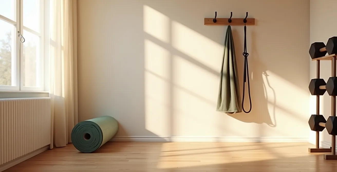 Minimalist home gym corner with natural lighting and exercise equipment