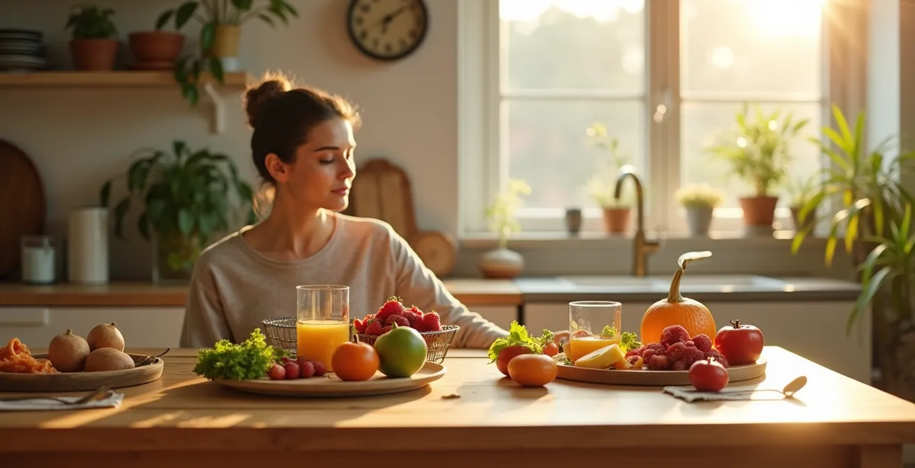 Person peacefully eating while stress hormones visualized as calming waves