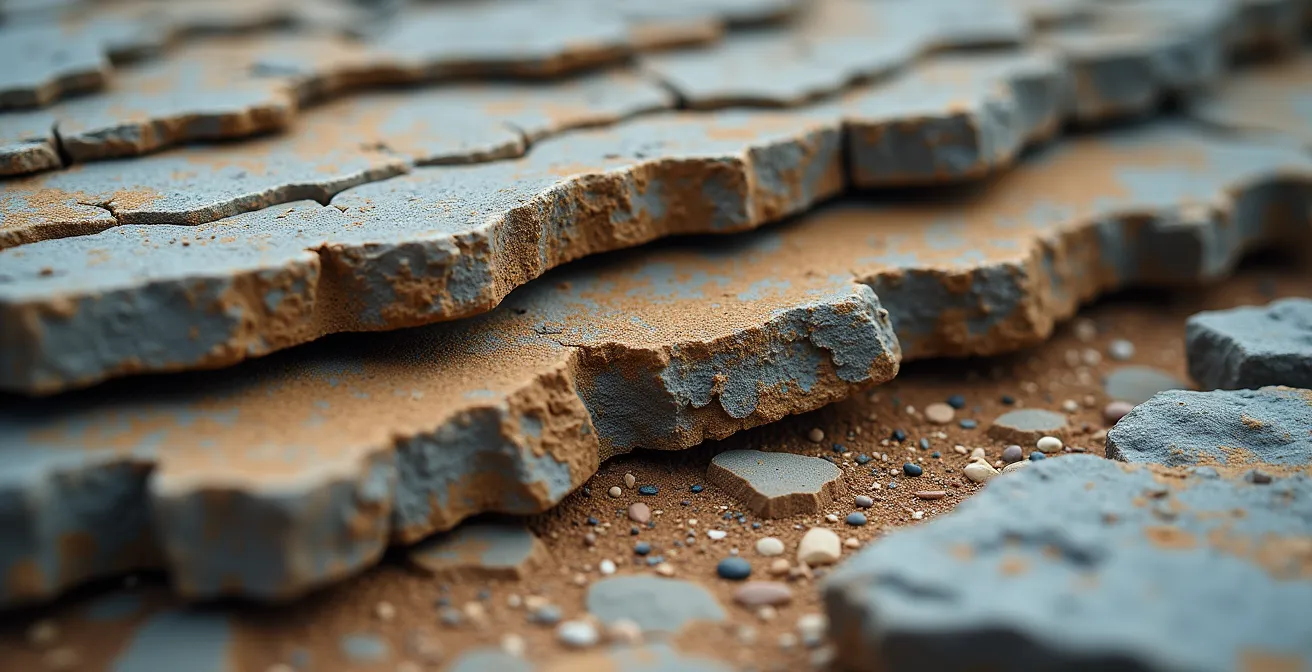 Conceptual visualization of a startup roadmap as a stack of geological rock layers, representing testable hypotheses.