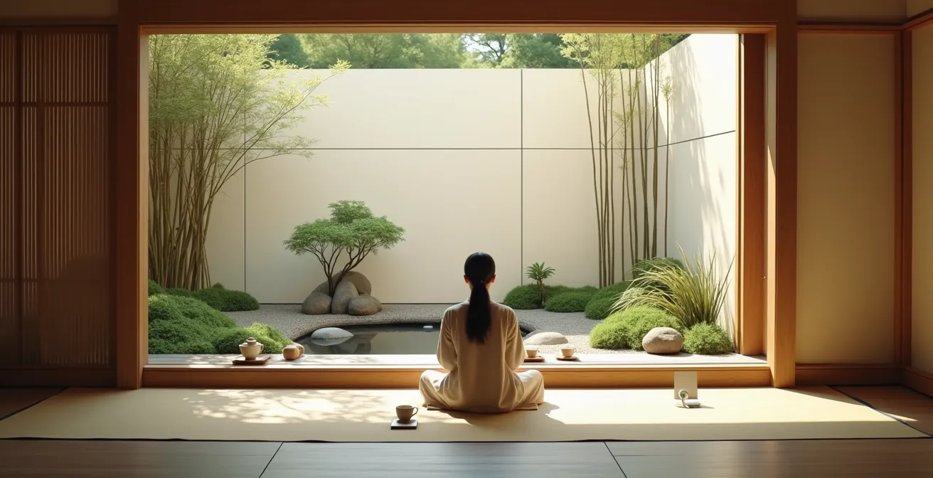 Person practicing Joy of Missing Out in a peaceful natural setting