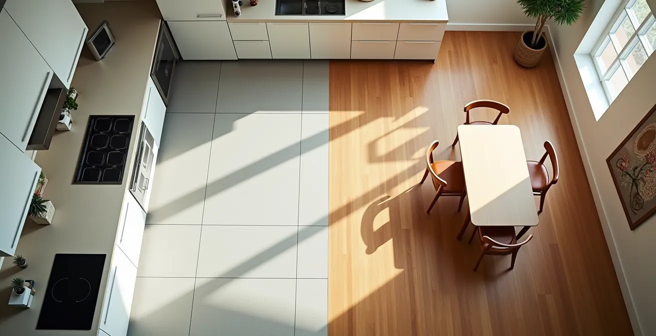 Aerial view of modern kitchen showing strategic placement of tile and wood flooring zones for energy efficiency