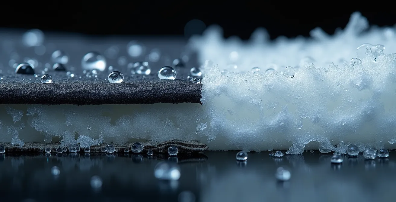 Cross-section view of mountaineering layering system in harsh conditions