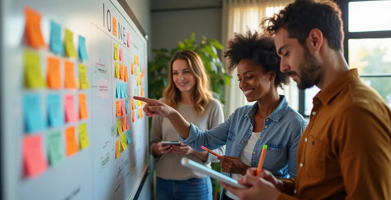 Team working around a large canvas board with sticky notes and diagrams