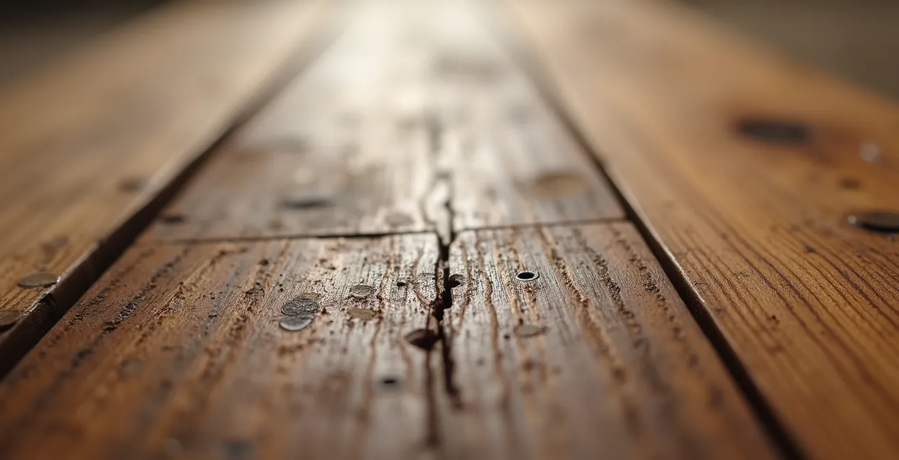 Extreme close-up of hand-scraped hardwood floor showing natural patina and character marks blending with wear patterns