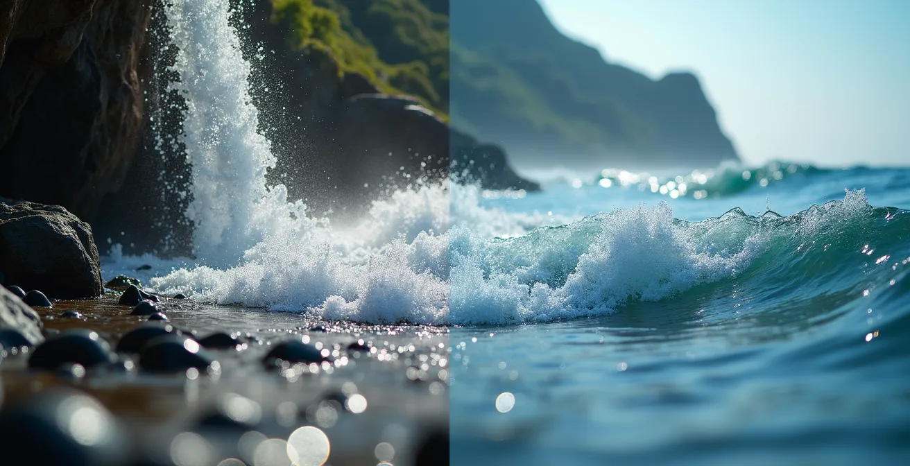 Macro view of water droplets creating negative ions from waterfall mist and ocean spray
