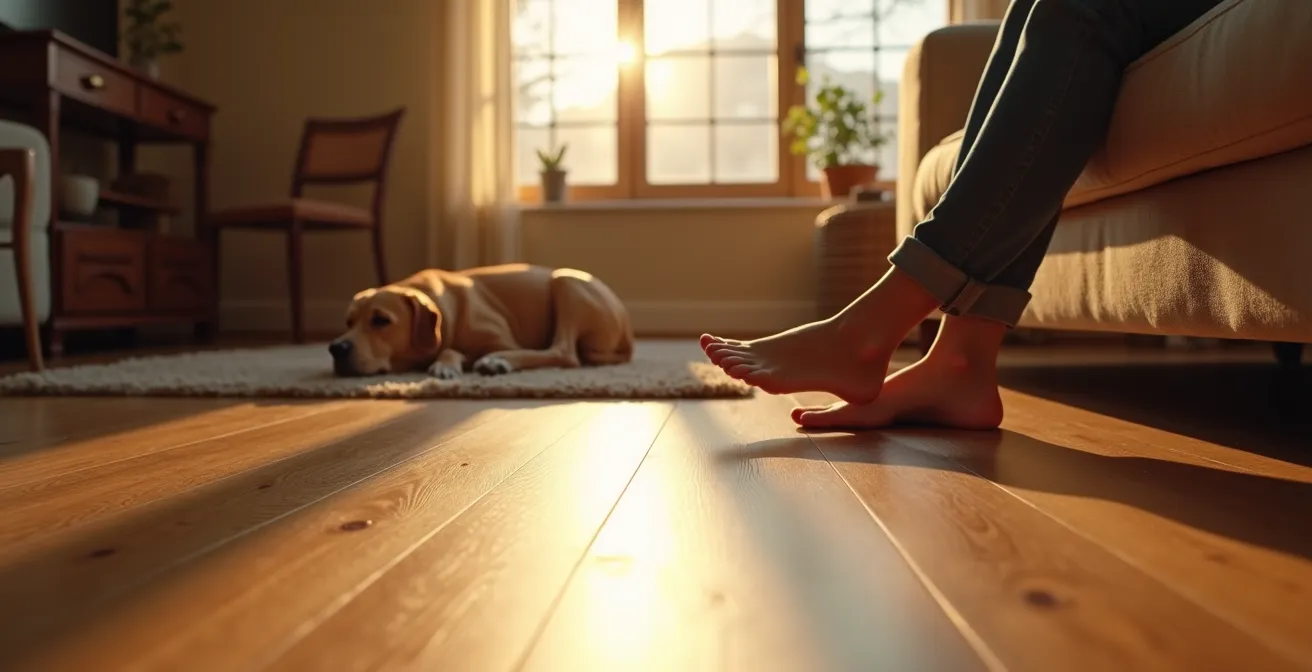 Elegant living room interior showcasing luxury vinyl plank flooring with realistic wood grain under natural window lighting