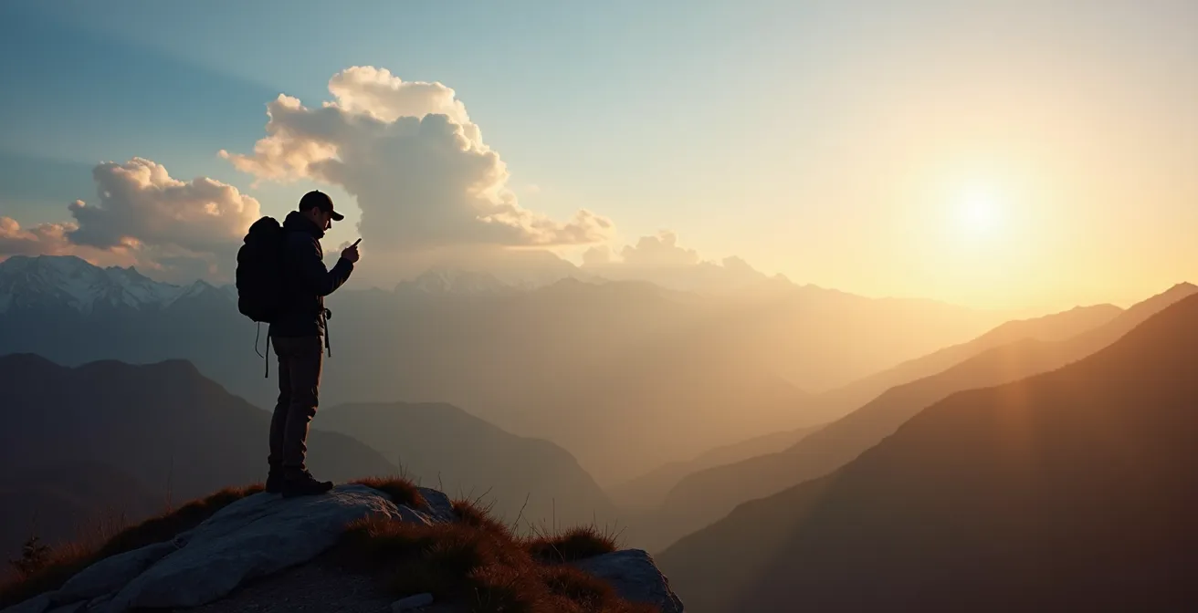 Early morning hiker on a ridge with developing weather patterns visible in the distance