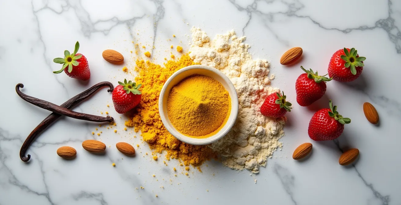Baking ingredients including monk fruit sweetener, almond flour, and fresh berries arranged on marble surface