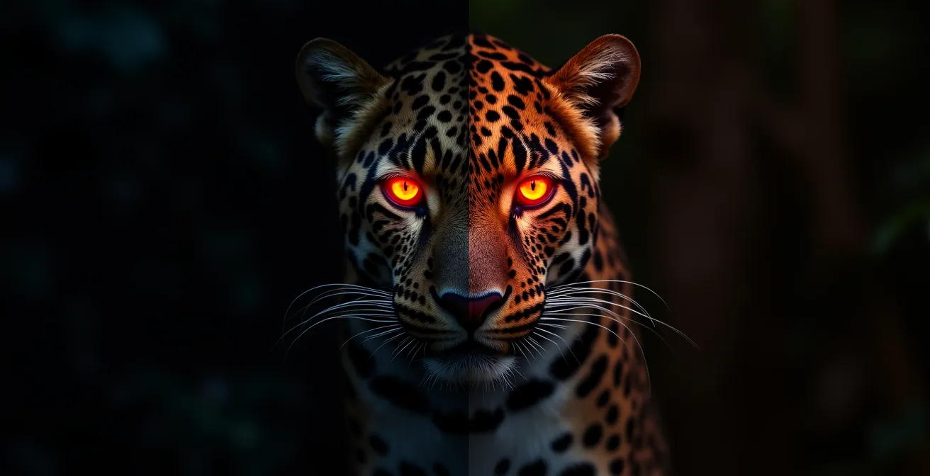 Photographer using red light to observe leopard at night without flash