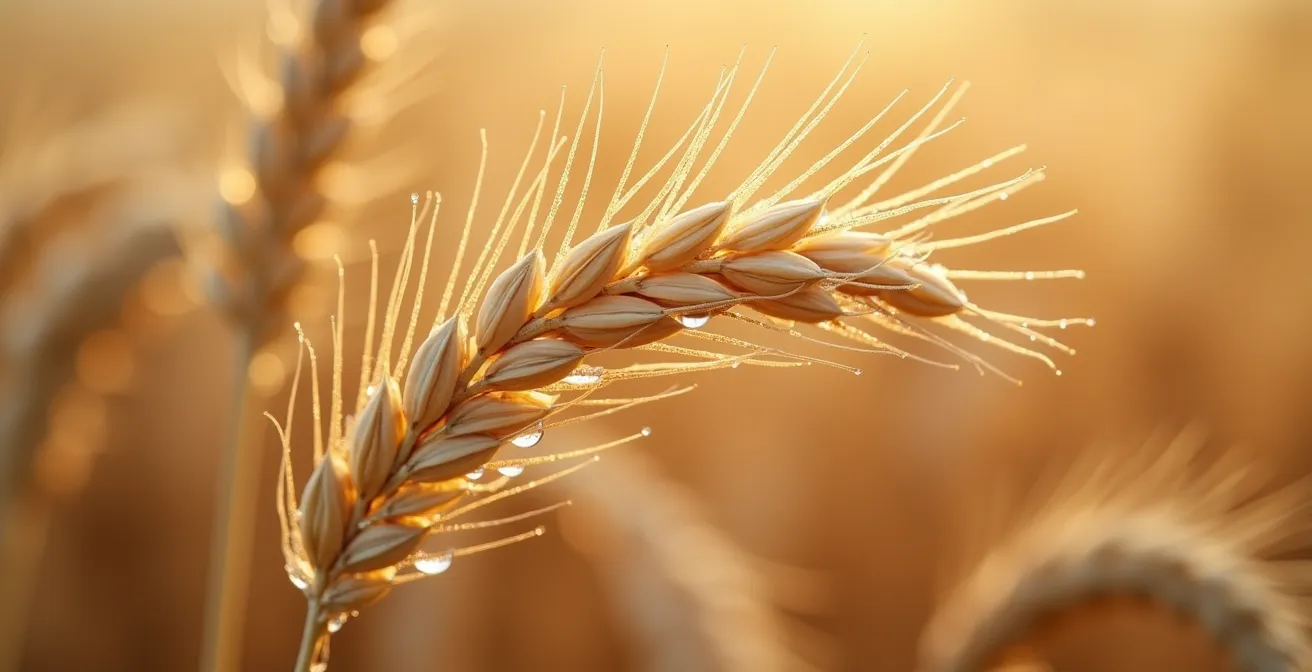Close-up of oat plants with water droplets showing efficient water use