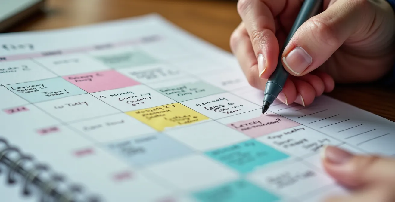 Overhead view of a professional planning their networking calendar with colored markers